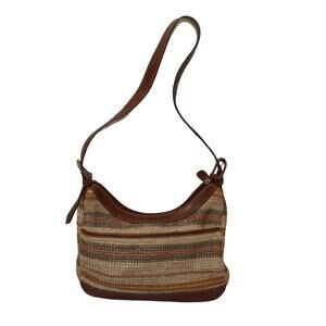 Crazy Horse Shoulder Bag Brown Green Striped with Faux Leather
